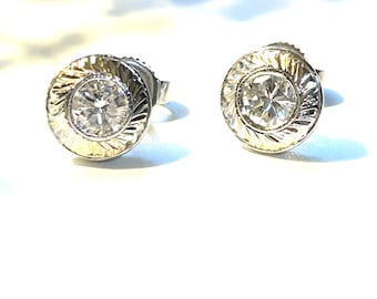 Diamond Stud Earrings | .50 carat total weight | Hand-Engraved 14K White Gold