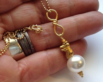 14K Gold Chain | Large Faux South Sea Pearl | Vermeil Elephant | Pendant Necklace | Unique Design | 18" 14K Ball Chain |