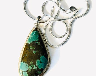 Huge Hubei Turquoise Pendant in Sterling Silver | 3mm Snake Chain
