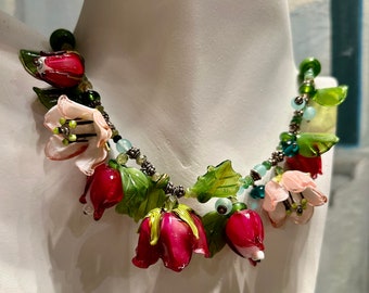 Lampwork Glass Flower Garden Statement Neckace | Designer Original