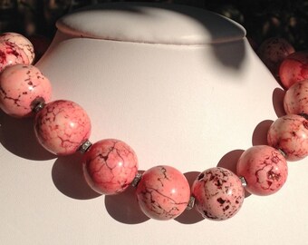 Coral-Colored Howlite | Big Round 20 mm Beads | Sterling Silver | Statement Necklace