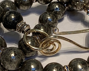 Pyrite Necklace Elegant Handmade Designer Big 10mm Iron Pyrite Beads Fancy Vermeil Clasp Crystal Rhondelles One-of-a-Kind