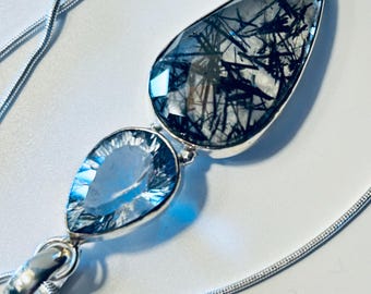 Tourmaline Quartz and Light Blue Topaz Pendant in Silver Bezels