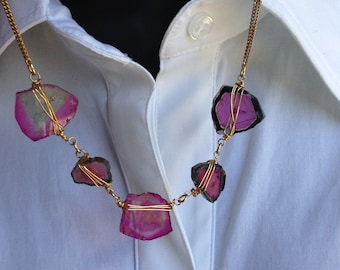 Rare Raspberry Pink & Rich Green Tourmaline Slice Necklace | Reversible Gold Filled Artisan Piece