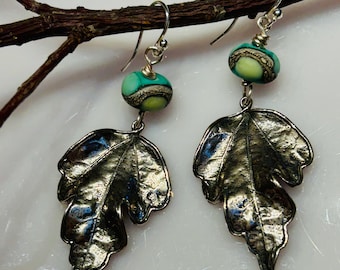 Leafy 925 Sterling Silver Drop Earrings | Handmade Art Glass Beads | Pierced |  2 1/2"