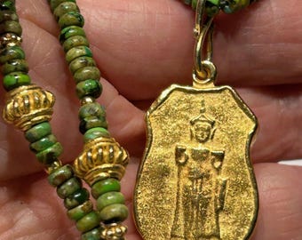 Long Goddess Necklace of Green Turquoise and Vermeil