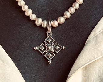 Maltese Cross & Freshwater Pearl Necklace | Sterling Silver