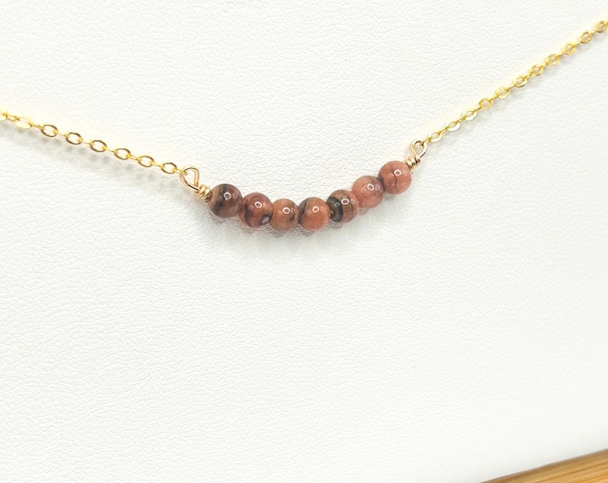 Featured listing image: Rhodonite Minimalistic Necklace - Genuine 4mm Rhodonite • Black Striping with Dusty Pink Stone