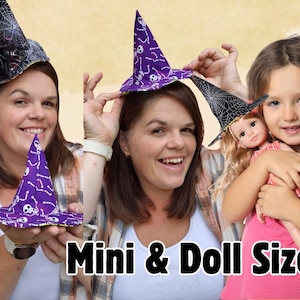 May include: Three people are holding miniature witch hats in various styles. One hat is purple with white skeleton designs, another is black with a spiderweb pattern, and the third is black with a rose. The text "Mini & Doll Sizes" is at the bottom.