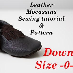 May include: A black leather moccasin with a brown suede fringe. The moccasin is for a baby or toddler. The image includes the text "Leather Moccasins Sewing tutorial & Pattern PDF Download Size - 0-4 yrs".