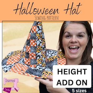 May include: A patchwork Halloween hat sewing pattern featuring orange, black, and white fabric squares with ghost, spiderweb, and candy corn prints. The text reads Halloween Hat Sewing Pattern, Height Add On, and 5 sizes.