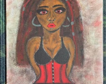 Pout by Lady Zombie (6”x8” acrylic painting on canvas panel board)