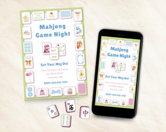 Ladies Mahjong Game Night Invitation, Sophisticated Mahj Birthday Invite (Printable, Editable)