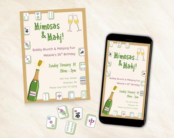 Puede incluir: Una invitación y un teléfono inteligente muestran un diseño para un brunch "Mimosas & Mahj!" y una fiesta de Mahjong. La invitación incluye una botella de champán, fichas de Mahjong y los detalles del evento: domingo 14 de enero, 10am-2pm.