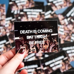 Death Is Coming Eat Trash Be Free Raccoon Sticker Funny Meme