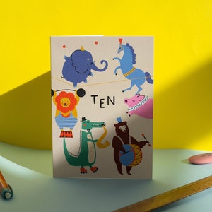 Tarjeta de felicitación del décimo cumpleaños del circo, hito de la edad, animales para niños