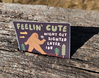 May include: A rectangular sticker with a dark purple background featuring a tan Bigfoot character holding a white flower. The text reads: FEELIN' CUTE MIGHT GET SIGHTED LATER, IDK. The design includes small orange clouds and green pine trees.