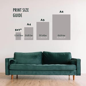 Puede incluir: Una gu&iacute;a de tama&ntilde;os de impresi&oacute;n para fotos y obras de arte, que muestra las dimensiones en pulgadas y cent&iacute;metros para los tama&ntilde;os 5x7, A4, A3 y A2. La gu&iacute;a se muestra en una pared blanca con un sof&aacute; verde en primer plano.