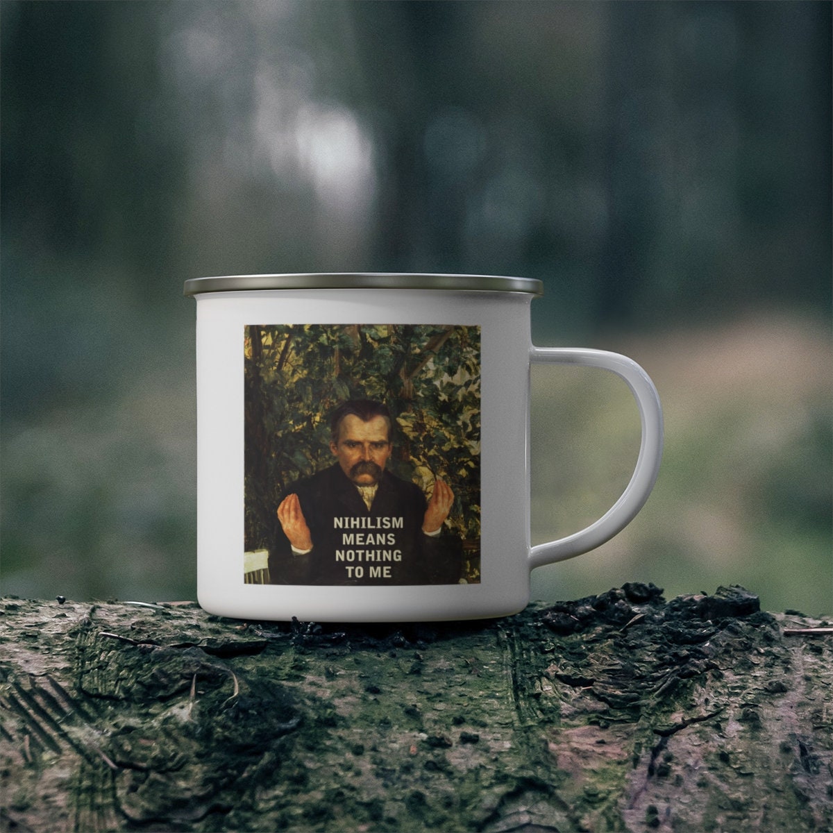 Nietzsche Enamel Mug Funny Nihilism Means Nothing to Me