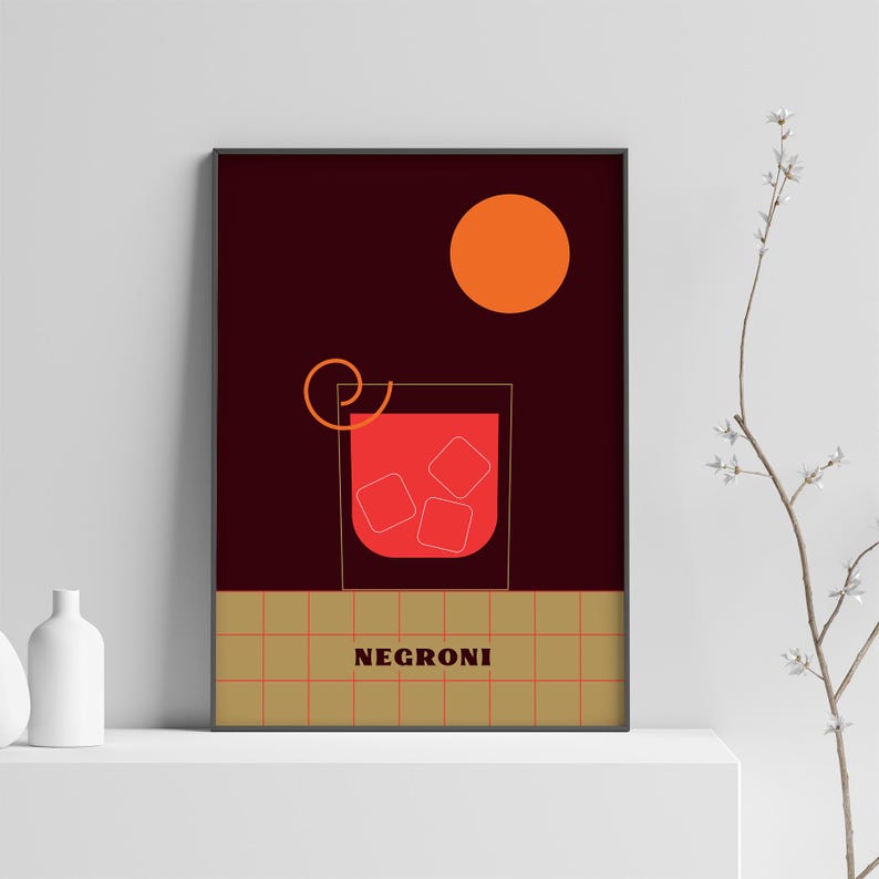 May include: A minimalist poster with a red background featuring a glass of Negroni with ice cubes and an orange slice. The text "NEGRONI" is printed in white on a gold grid pattern at the bottom of the poster.