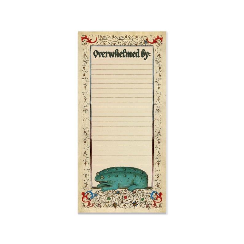 May include: A notepad with the text "Overwhelmed by:" at the top. It features a teal frog illustration at the bottom and decorative floral borders in red, blue, and green. The notepad has lined pages.