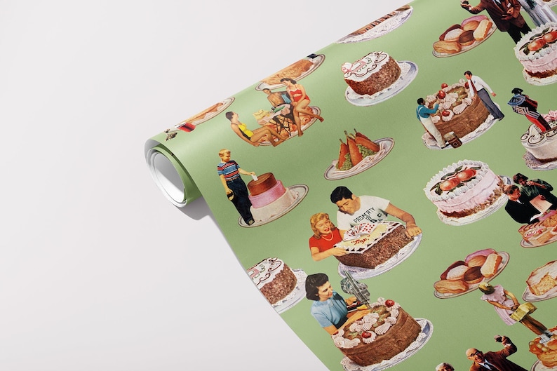 May include: A roll of wallpaper featuring a repeating pattern of vintage illustrations of cakes, desserts, and people. The background is a light green color. The illustrations include cakes with frosting and cherries.