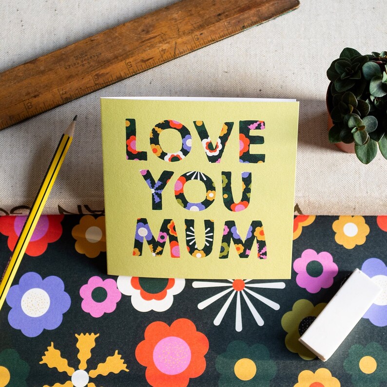 SALE Love You Mum Greeting Card Mother's Day Retro Floral image 1