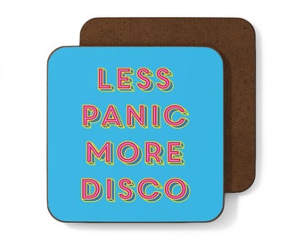 Less Panic More Disco Coaster Set Retro Typography