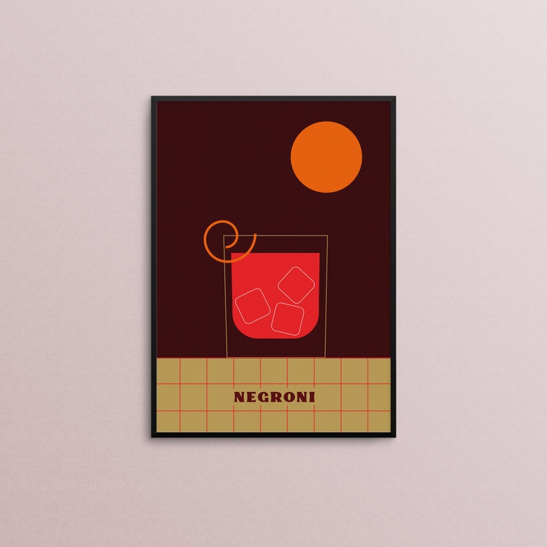 May include: A minimalist poster with a red cocktail glass filled with ice cubes and the word "NEGRONI" in white text on a gold grid background. A large orange circle is in the upper right corner of the poster.