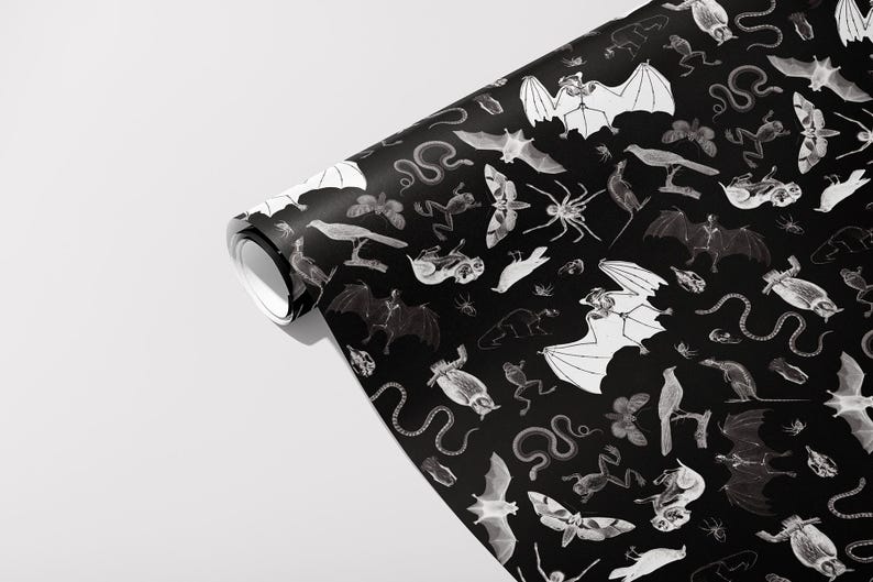 May include: A roll of black wallpaper featuring a repeating pattern of white illustrations of bats, spiders, snakes, birds, and other creatures. The wallpaper is partially unrolled, revealing the pattern against a white background.
