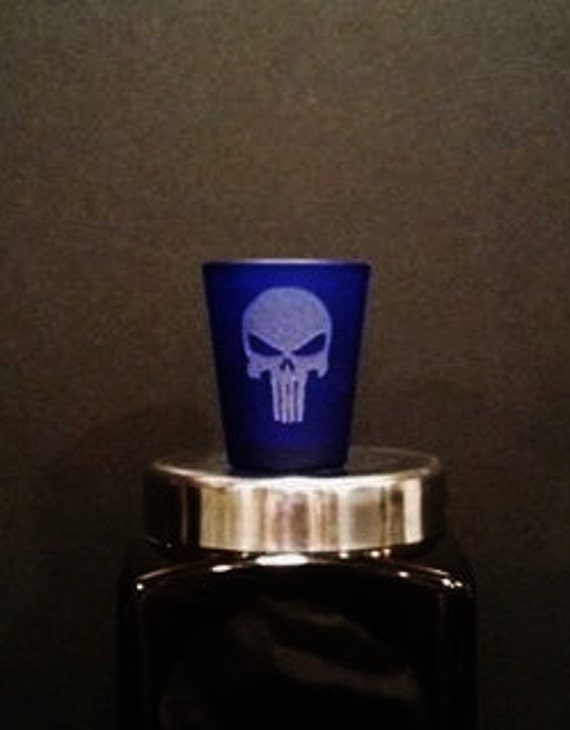 Punisher Skull Sandblast Etched 1 1/2 oz Thick Base Shot Glass 