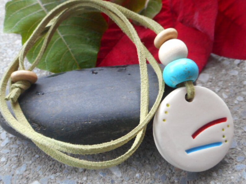 White ceramic necklace , Circular ceramic pendant , Gift for her , Bohemian necklace , Ceramic necklace , Clay necklace image 2