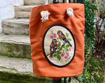 Cotton bag made with up cycling french vintage (60's) canvas tapestry needlepoint representing 2 birds and flowers