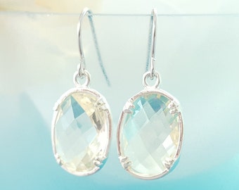 CRYSTAL EARRINGS DANGLE Silver Oval Champagne Faceted Glass Drops, Lightweight Dangling Earrings, Rhinestone Jewelry Gifts for Women E1491