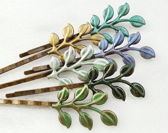 LEAF HAIR PINS, Leaves Bobby Pin Set of 6, Enameled Bronze Leaves Hairpins, Gold Leaf Bridal Hair Accessory, Vintage Braid Hair Clips H4251