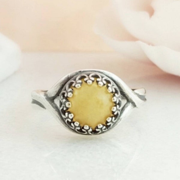 YELLOW JASPER RING, Silver or Bronze Golden Jade Ring, Round Gemstone Adjustable Crown Bezel, Natural Stone Cabochon, November Gifts R5020