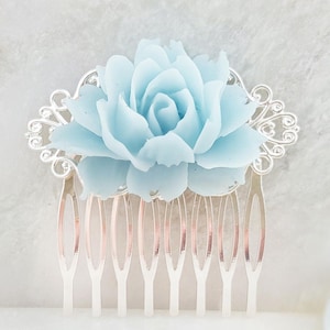 BIG Blue Flower Hair Comb, Large Rose Haircomb, Choose Your Color, Powder Blue Hair Accessory, Something New Bride Gift, Bridal Party H2011