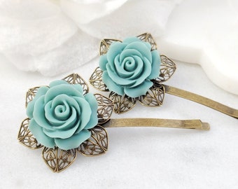 BLUE ROSE HAIRCLIPS, Set of 2 Peach Pink or Rose Coral Floral Bridesmaid Hairpins, Choose Your Rose Color, Wedding Hair Accessories H2127A