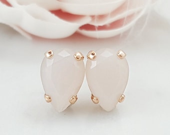 PINK Opal Stud Earrings Rose Gold Teardrop Crystal Earrings, Opaque Salmon Pink Glass Tear Drop, Tiny Pink Diamond Rhinestone Studs CE10010