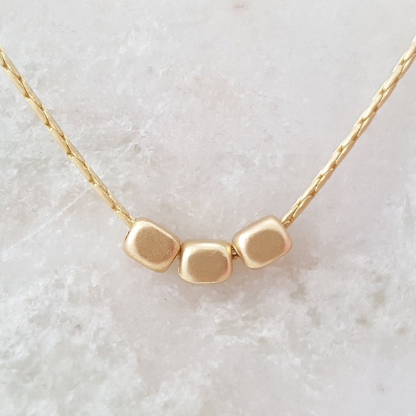 GOLD BEADED NECKLACE, Delicate Matte Gold Spinner, Minimalist Gold Layering Necklace, Modern Rectangle Jewelry, Gemsicles Top Seller N1312