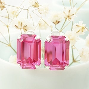 PINK CLIPON EARRINGS Silver Rose Tourmaline Crystal Baguette Non-Pierced Studs, Bright Pink Octagon October Birthstone Jewelry Gifts CL1050 image 1