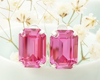 PINK CLIPON EARRINGS Silver Rose Tourmaline Crystal Baguette Non-Pierced Studs, Bright Pink Octagon October Birthstone Jewelry Gifts CL1050