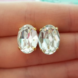 LARGE Oval Diamond Earrings Big Clear Crystal Studs, Gold Statement Vintage Rhinestone Jewelry Gift, Sparkling Bridal Party Jewelry E3460