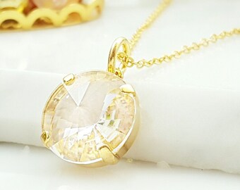 CLEAR CRYSTAL NECKLACE, Round Swarovski Rivoli Crystal, Big Gold Wedding Pendant, Round Rhinestone Bridal Gift for Mother N3110