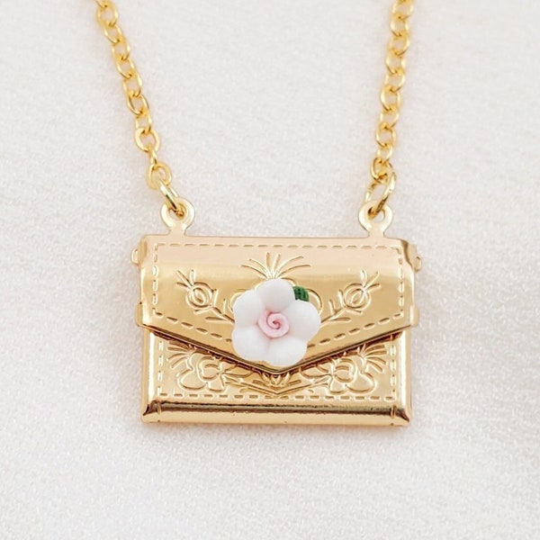 ENVELOPE LOCKET NECKLACE Porcelain Flower Rose, Gold Locket Pendant Necklace, Blank Card in Locket, Anniversary Gift Mothers Day N1210A