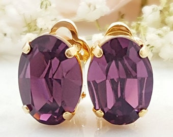 AMETHYST PURPLE CLIPONS Gold Oval Clip-On Earrings, Tanzanite Crystal Studs, Non-Pierced Jewelry Gifts for Her, Lilac Rhinestones E3624