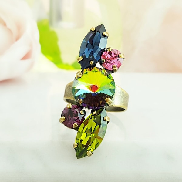 IRIDESCENT MULTICOLORED RING Colorful Ladies Rings, Statement Crystals, Sapphire Blue, Green Tourmaline, Rose Pink Amethyst Purple R5061