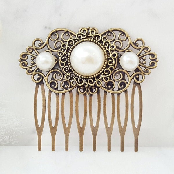 Bronze Pearl Comb, Gold VICTORIAN HAIR COMB with Ivory Pearls, Vintage Style Bridal Hairpiece for Bridesmaids White Pearl Hair Jewelry H2101