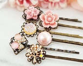 MAUVE FLOWER HAIRPINS, Butterfly Hair Clip, Blush Pearl Bridal Party, Pink Iridescent Crystal, Dusty Rose Sakura Peach Floral Slide H4233