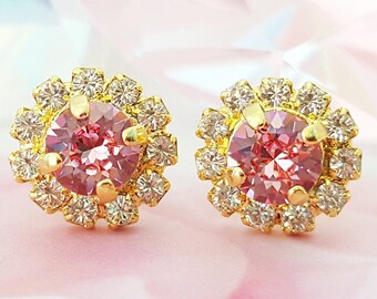 NEW Round Pink Crystal Stud Earrings, Peach Morganite Cluster Studs, Rose Tourmaline Jewelry Present, Tiny Pink Rhinestone Jewelry E3439